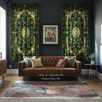 Gothic Baroque Emerald Curtain Panels | Enchanted Cottagecore Aesthetic Romantic Interior Style Soft Gothic Decor Baroque-Inspired Drapes |
