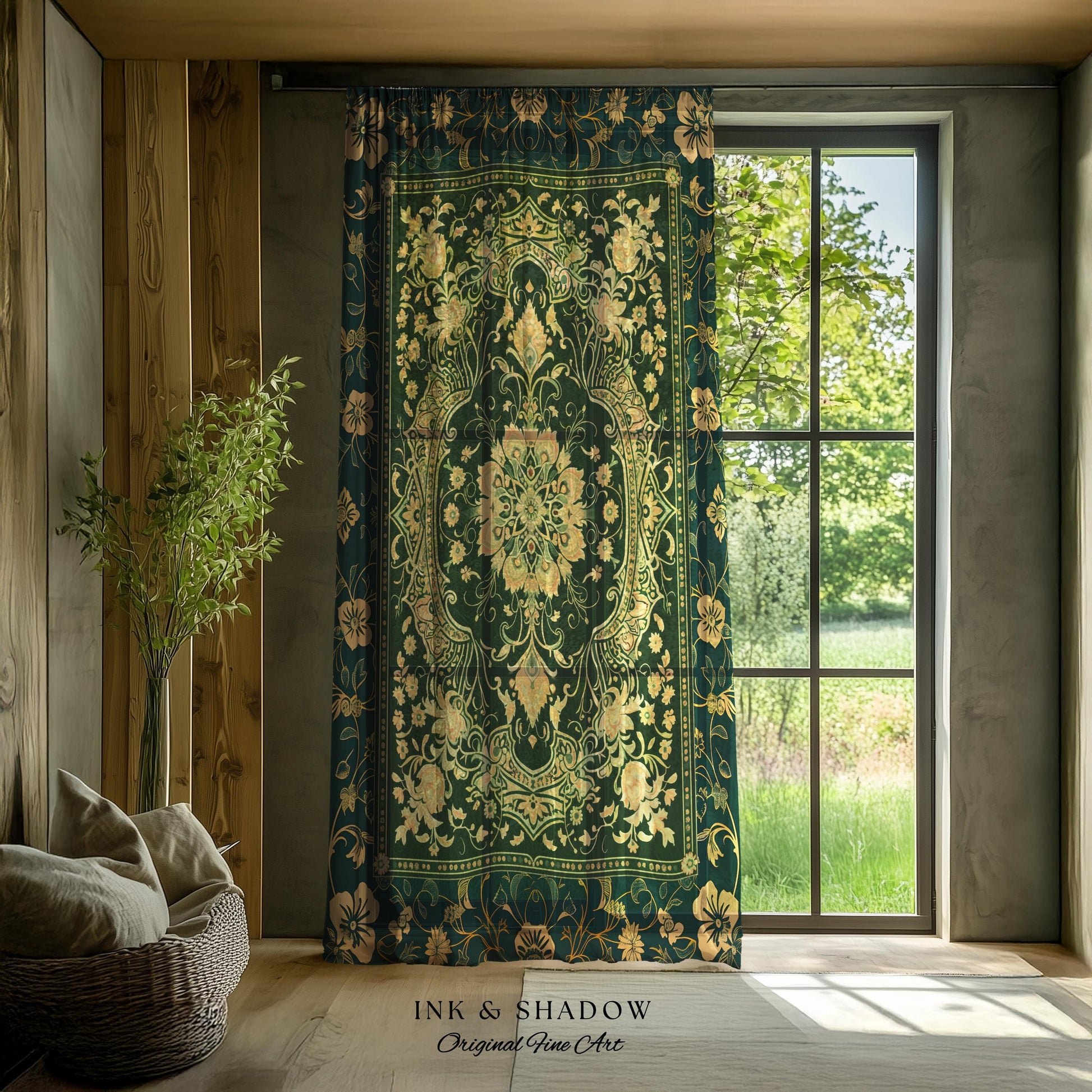 Rococo Revival Emerald Green Curtains | Rustic Maximalist Dark Academia Vintage Window Drapes Victorian Gothic Aesthetic Unique Decorative