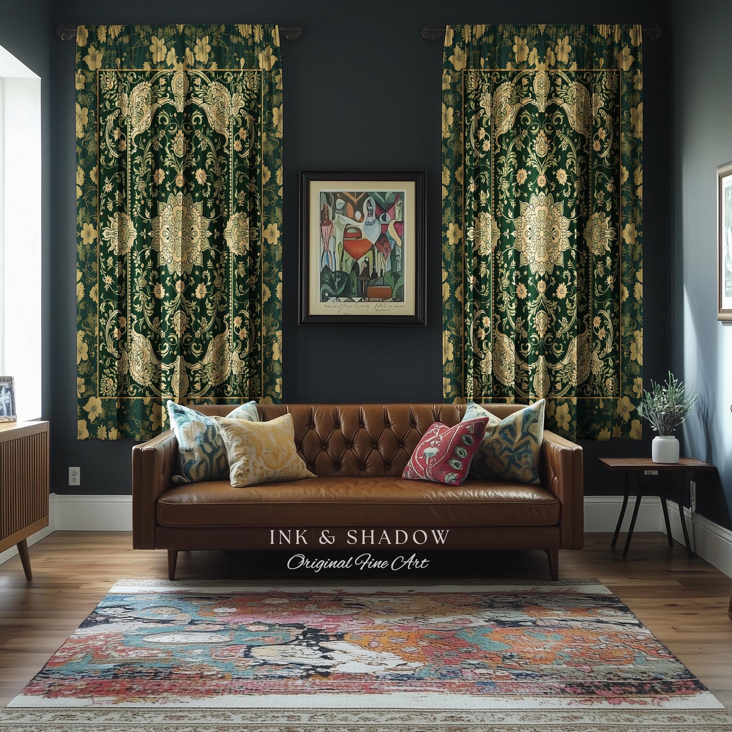 Antique-Inspired Bedroom Drapes | Gold and Emerald Accent Curtains Historical Aesthetic Enchanted Home Housewarming Gift Victorian Ornate |