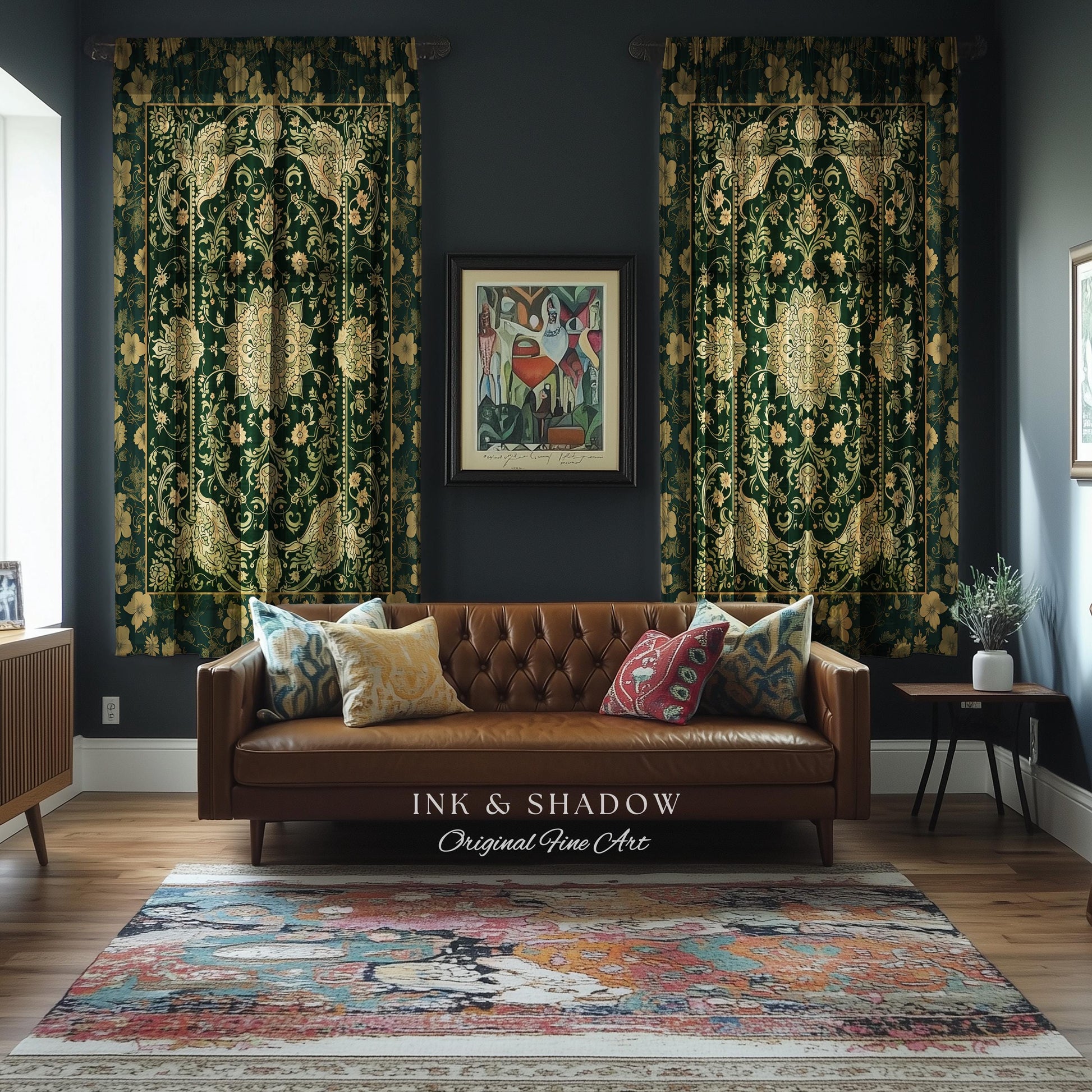 Antique-Inspired Bedroom Drapes | Gold and Emerald Accent Curtains Historical Aesthetic Enchanted Home Housewarming Gift Victorian Ornate |
