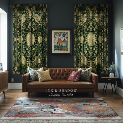 Antique-Inspired Bedroom Drapes | Gold and Emerald Accent Curtains Historical Aesthetic Enchanted Home Housewarming Gift Victorian Ornate |