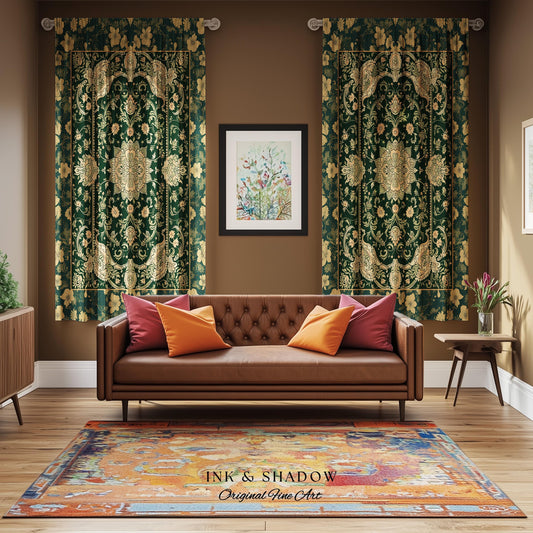 Antique-Inspired Bedroom Drapes | Gold and Emerald Accent Curtains Historical Aesthetic Enchanted Home Housewarming Gift Victorian Ornate |