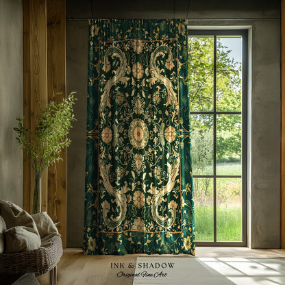 Whimsical Gothic Emerald Curtain | Dark Olive Panel Ethereal Room Accent Neo-Romantic Aesthetic Classical Baroque Revival Green Drape Set