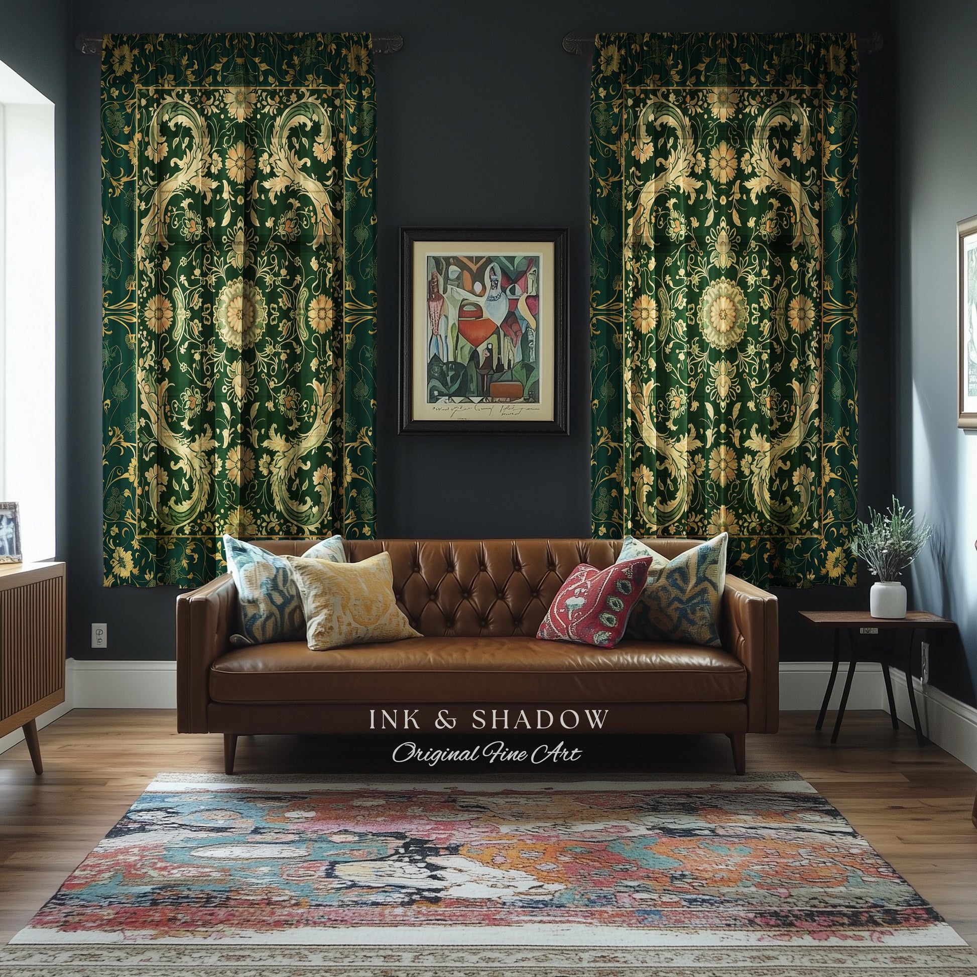 Whimsical Gothic Emerald Curtain | Dark Olive Panel Ethereal Room Accent Neo-Romantic Aesthetic Classical Baroque Revival Green Drape Set
