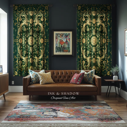 Whimsical Gothic Emerald Curtain | Dark Olive Panel Ethereal Room Accent Neo-Romantic Aesthetic Classical Baroque Revival Green Drape Set