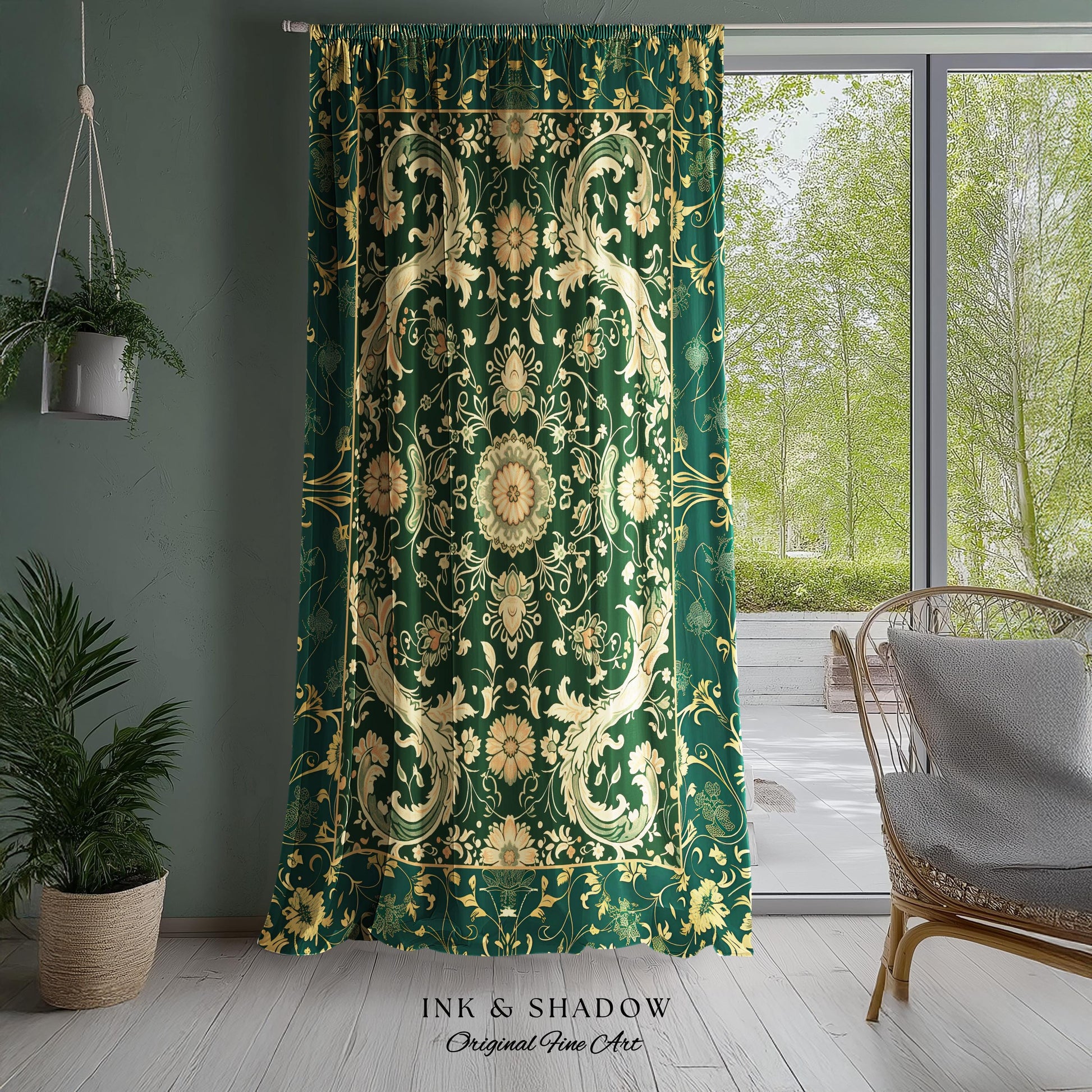 Whimsical Gothic Emerald Curtain | Dark Olive Panel Ethereal Room Accent Neo-Romantic Aesthetic Classical Baroque Revival Green Drape Set