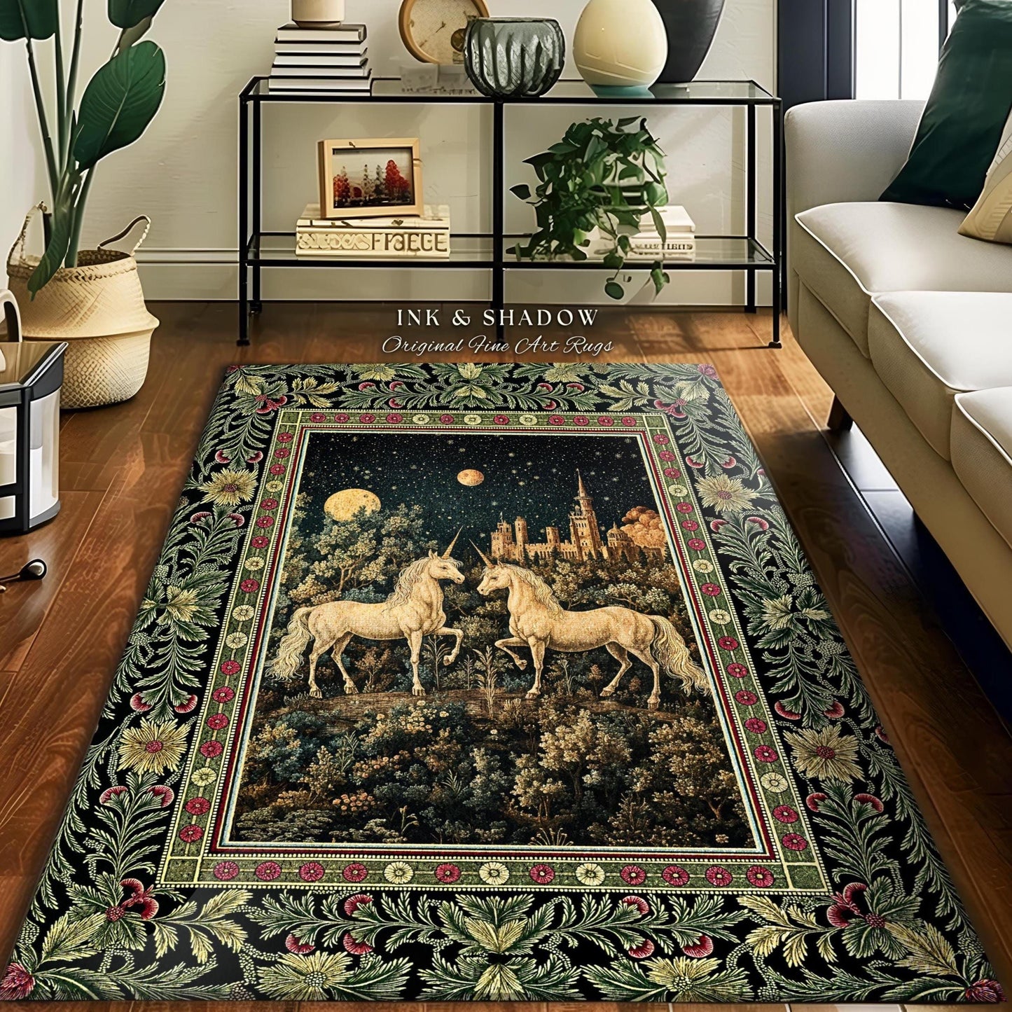 Dreamy Castle Landscape Unicorn Rug | Whimsical Elegance Bedroom Accent Rug Magical Storybook Aesthetic Fairytale Landscape Enchanted Style