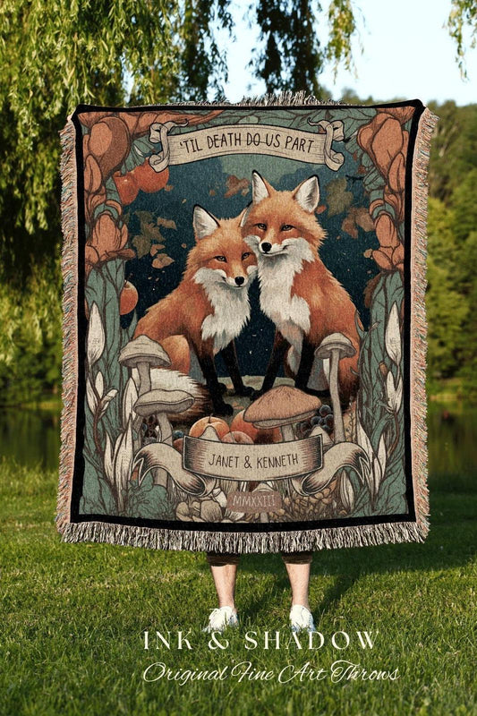 Cottagecore Couples Blanket | Woodland Wedding Gothic Fox Blanket Cute Couples Tapestry Personalized Mr & Mrs Anniversary Blanket Custom |