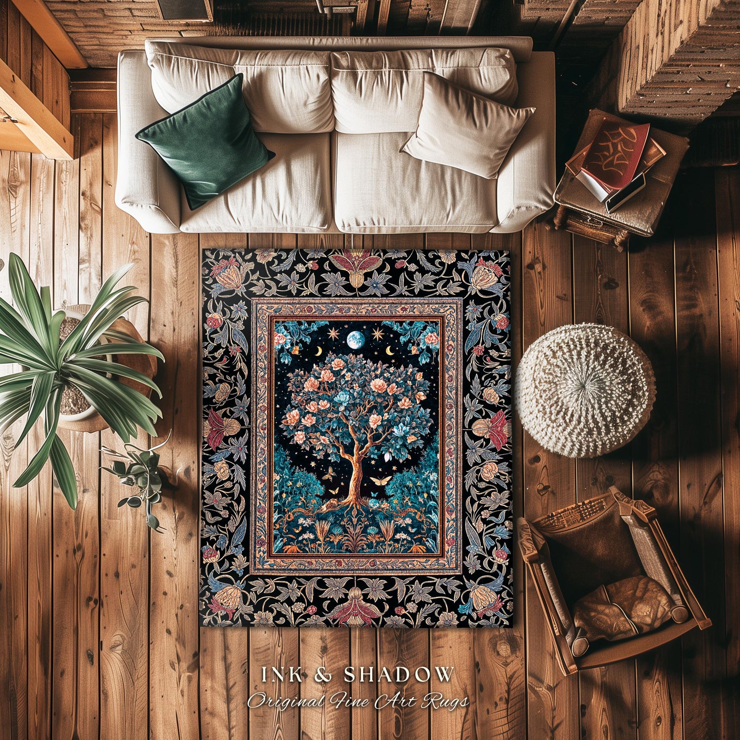 Enchanted Moonlit Tree of Life Area Rug | Romantic Forest Aesthetic Home Decor Vintage Boho Style Housewarming Gift Cozy Bedroom Floor Mat