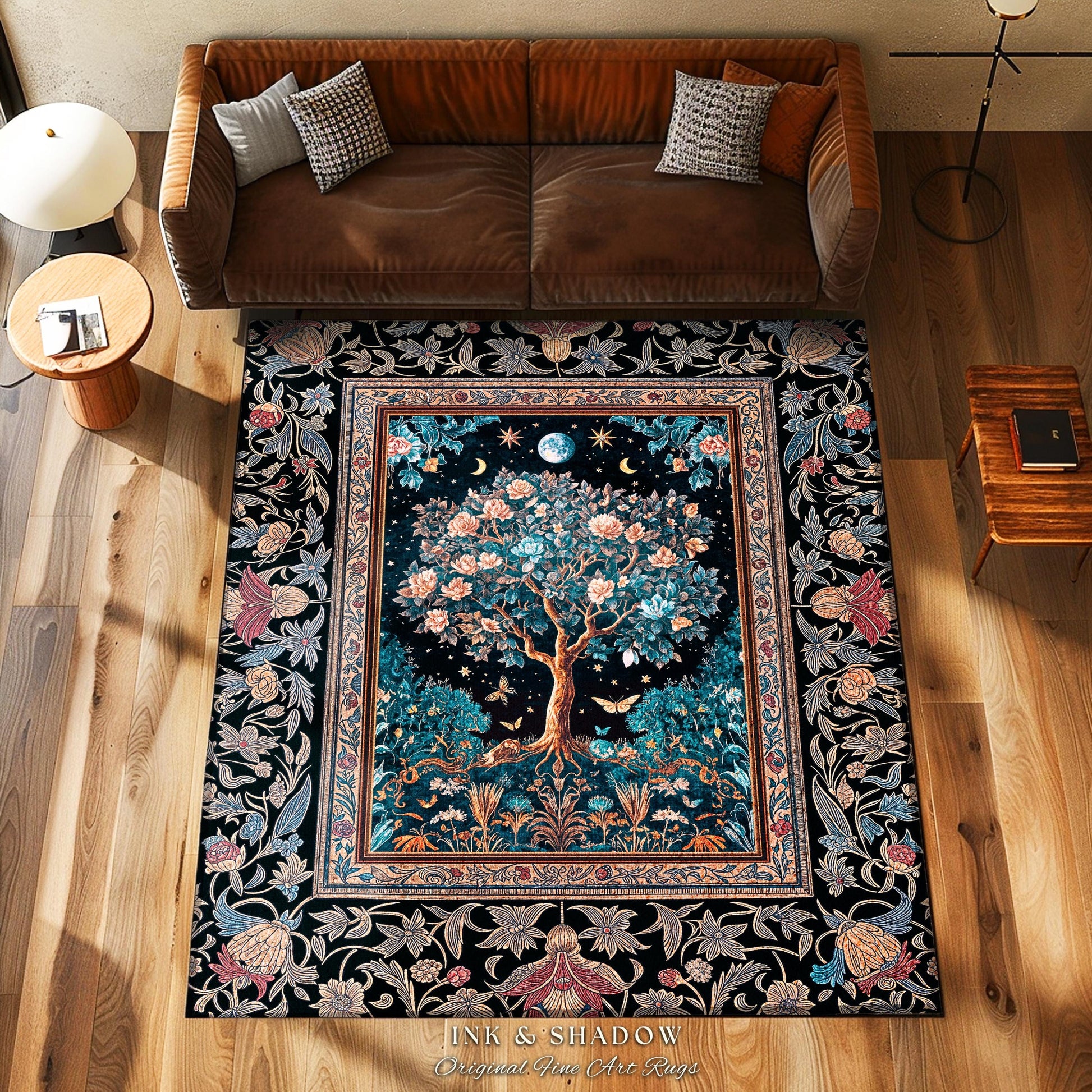 Enchanted Moonlit Tree of Life Area Rug | Romantic Forest Aesthetic Home Decor Vintage Boho Style Housewarming Gift Cozy Bedroom Floor Mat