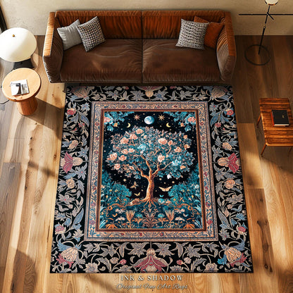 Enchanted Moonlit Tree of Life Area Rug | Romantic Forest Aesthetic Home Decor Vintage Boho Style Housewarming Gift Cozy Bedroom Floor Mat