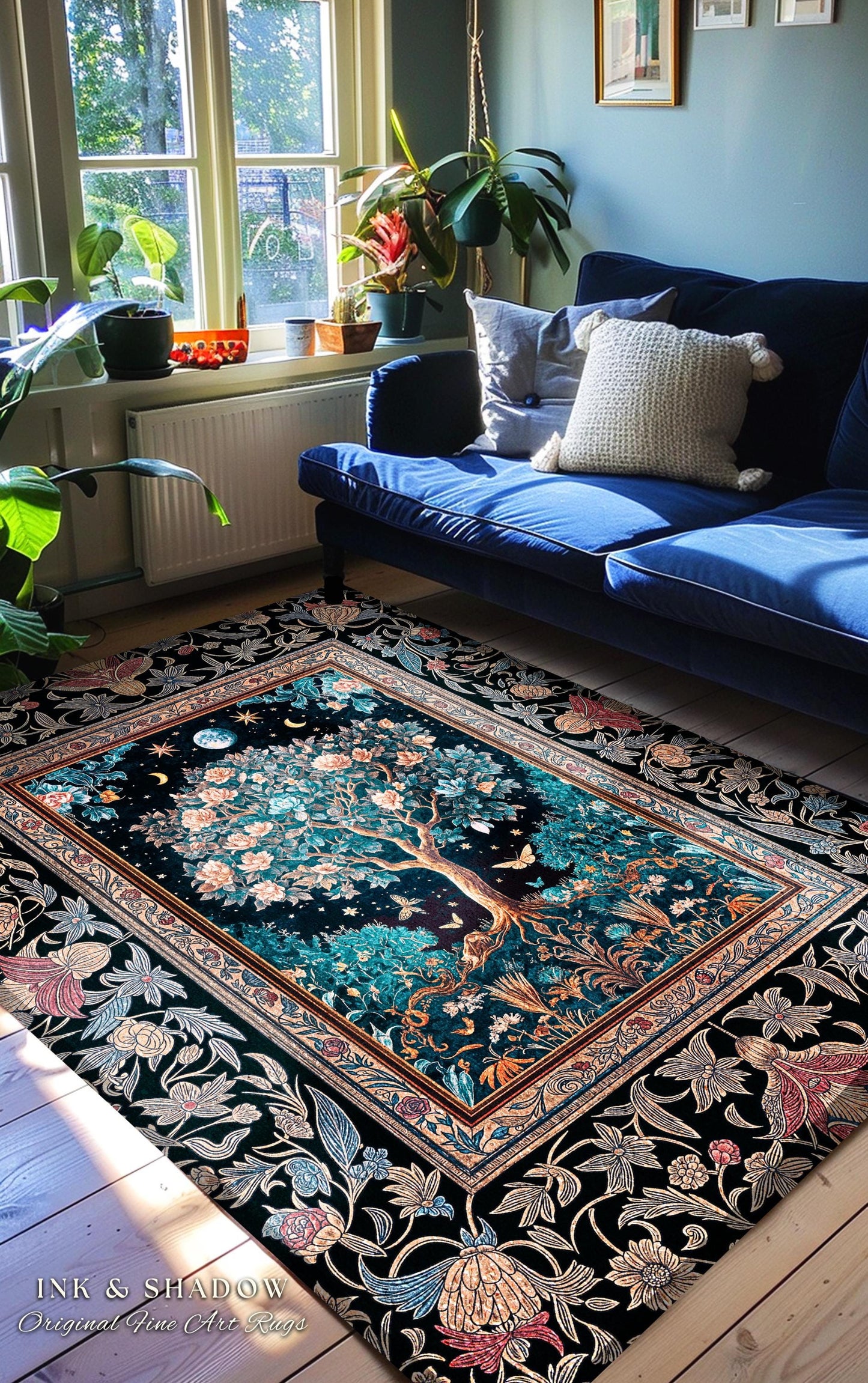 Enchanted Moonlit Tree of Life Area Rug | Romantic Forest Aesthetic Home Decor Vintage Boho Style Housewarming Gift Cozy Bedroom Floor Mat