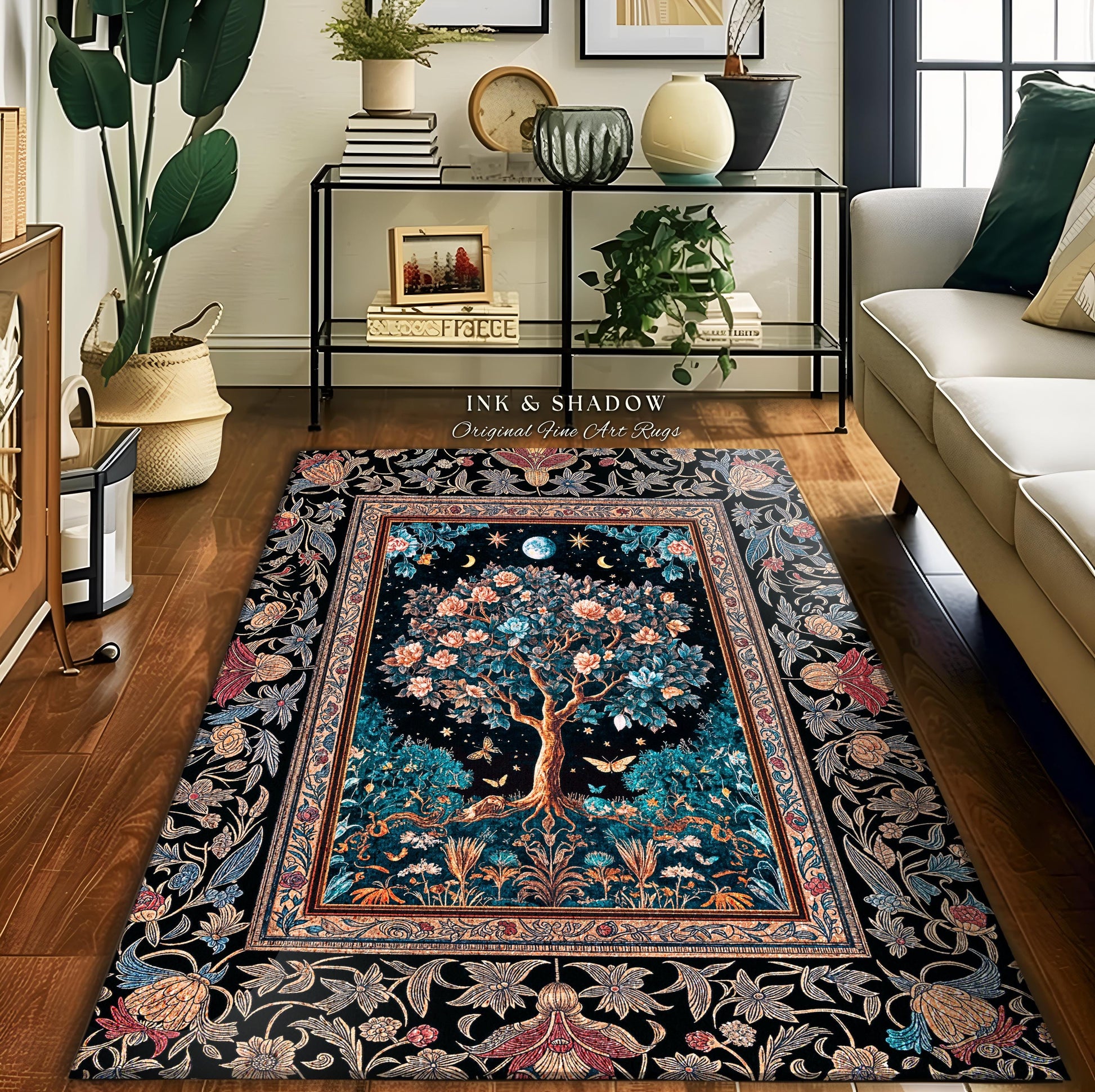 Enchanted Moonlit Tree of Life Area Rug | Romantic Forest Aesthetic Home Decor Vintage Boho Style Housewarming Gift Cozy Bedroom Floor Mat