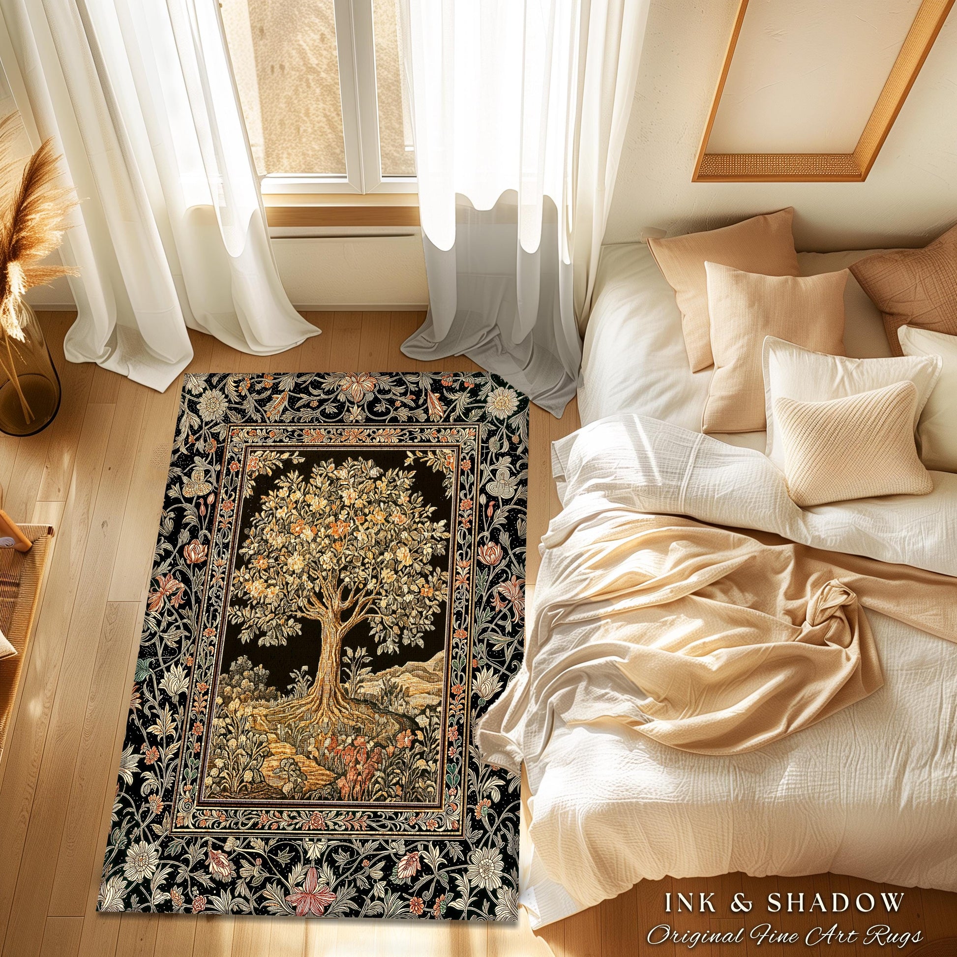 Muted Tones Eclectic Tree of Life Rug | Rustic Bohemian Aesthetic Decor Nature Inspired Bedroom Accent Rug Enchanted Cottagecore Fairycore