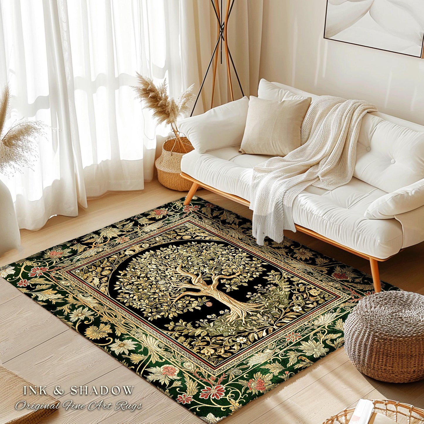 Tree of Life Fairytale Inspired Rug | Celestial Folk Art Decor Cottagecore Folklore Style Aesthetic Housewarming Gift Cozy Bedroom Accent