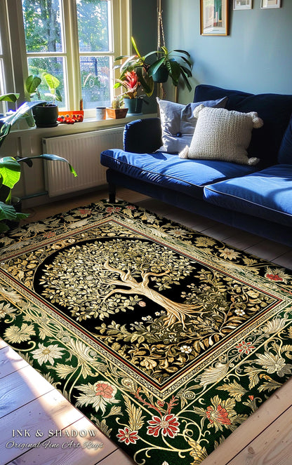 Tree of Life Fairytale Inspired Rug | Celestial Folk Art Decor Cottagecore Folklore Style Aesthetic Housewarming Gift Cozy Bedroom Accent