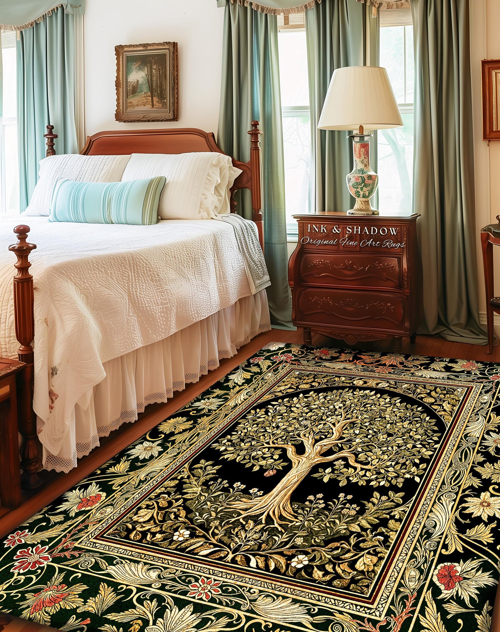 Tree of Life Fairytale Inspired Rug | Celestial Folk Art Decor Cottagecore Folklore Style Aesthetic Housewarming Gift Cozy Bedroom Accent