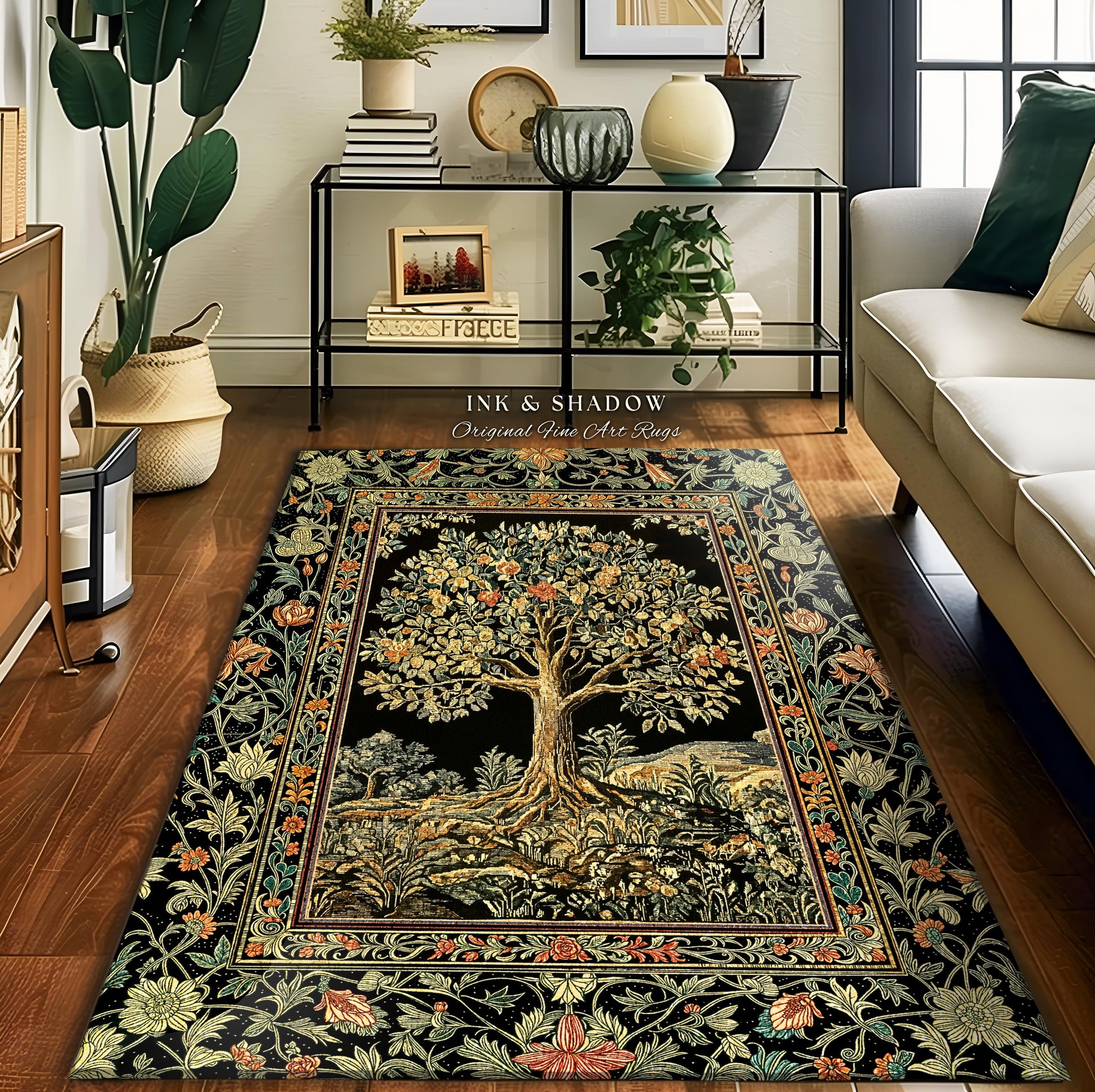 Regal Woodland Tree Rug | Floral Heritage Decor Rug Parisian Style Gothic Cottagecore Aesthetic Traditional Living Room Accent Chateaucore