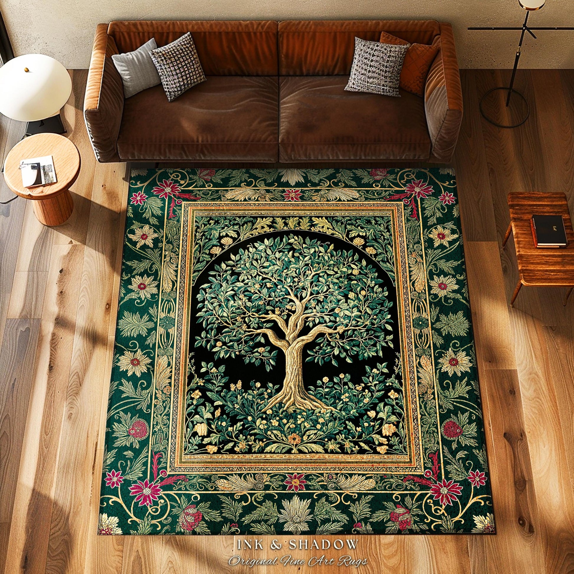 Forest Green Heritage Tree Rug | Lush Botanical Tapestry Style with Crimson Floral Borders Vintage Cottagecore Maximalist Medieval Aesthetic