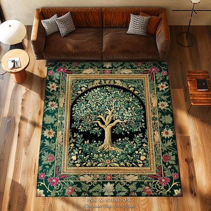 Forest Green Heritage Tree Rug | Lush Botanical Tapestry Style with Crimson Floral Borders Vintage Cottagecore Maximalist Medieval Aesthetic