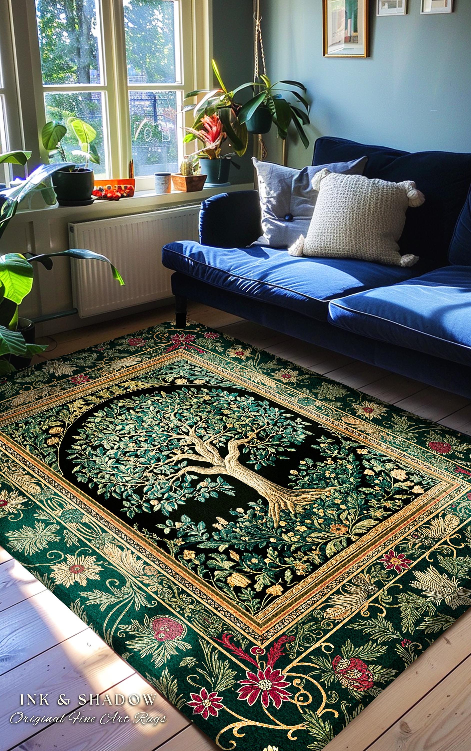 Forest Green Heritage Tree Rug | Lush Botanical Tapestry Style with Crimson Floral Borders Vintage Cottagecore Maximalist Medieval Aesthetic