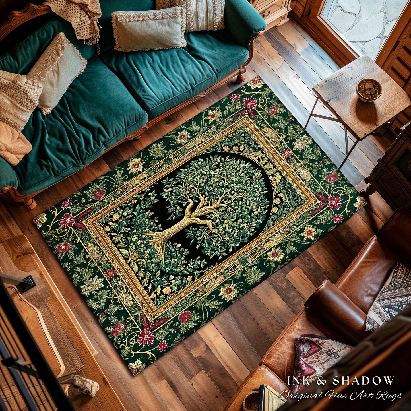 Forest Green Heritage Tree Rug | Lush Botanical Tapestry Style with Crimson Floral Borders Vintage Cottagecore Maximalist Medieval Aesthetic