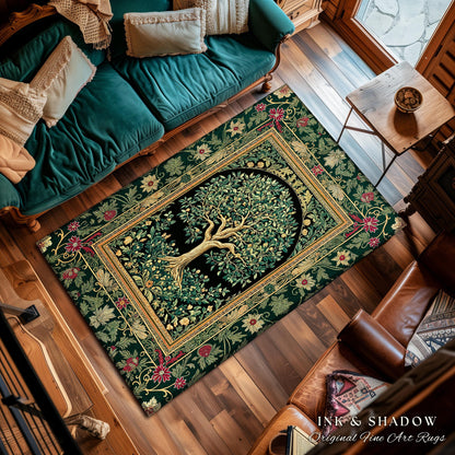 Forest Green Heritage Tree Rug | Lush Botanical Tapestry Style with Crimson Floral Borders Vintage Cottagecore Maximalist Medieval Aesthetic