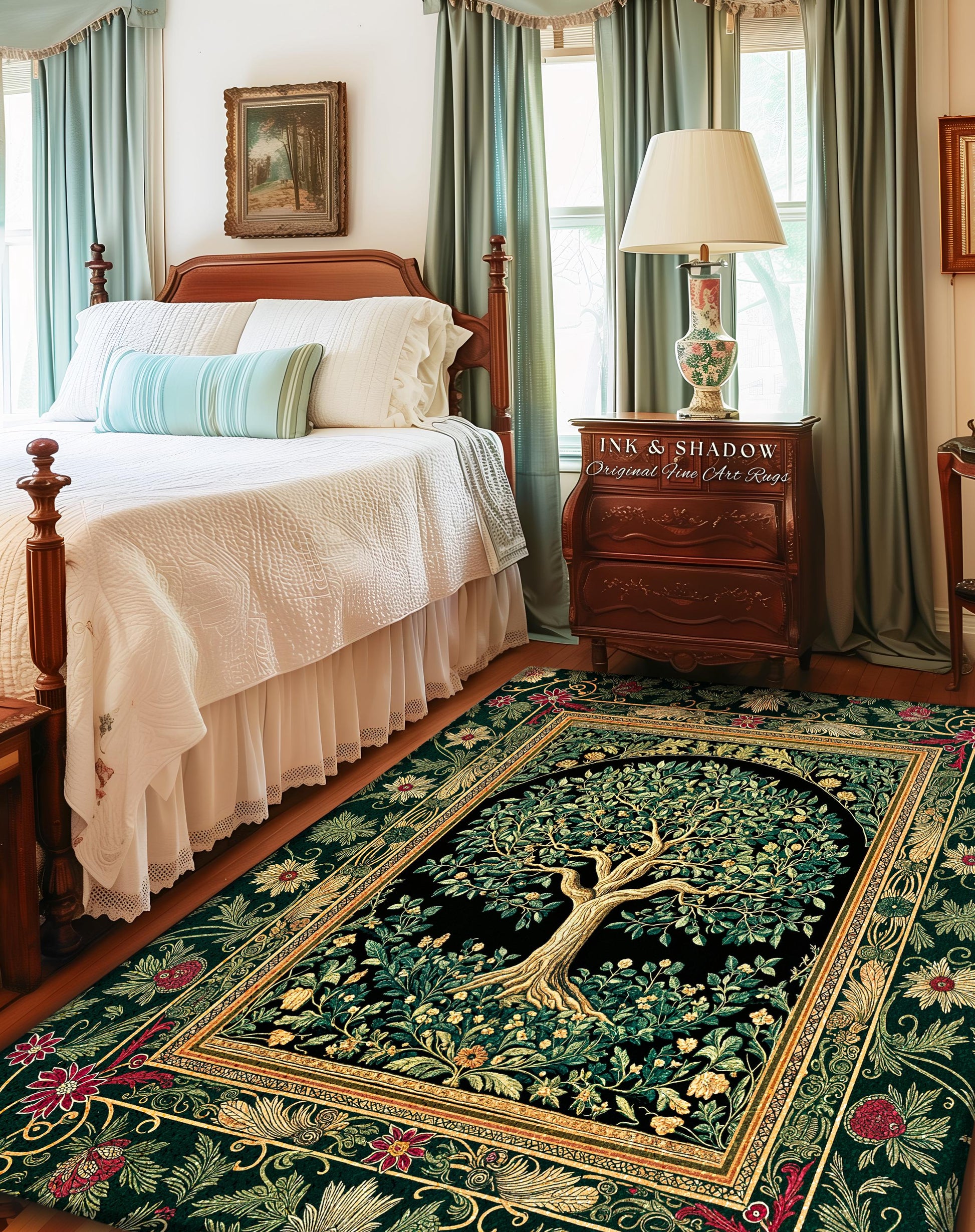 Forest Green Heritage Tree Rug | Lush Botanical Tapestry Style with Crimson Floral Borders Vintage Cottagecore Maximalist Medieval Aesthetic