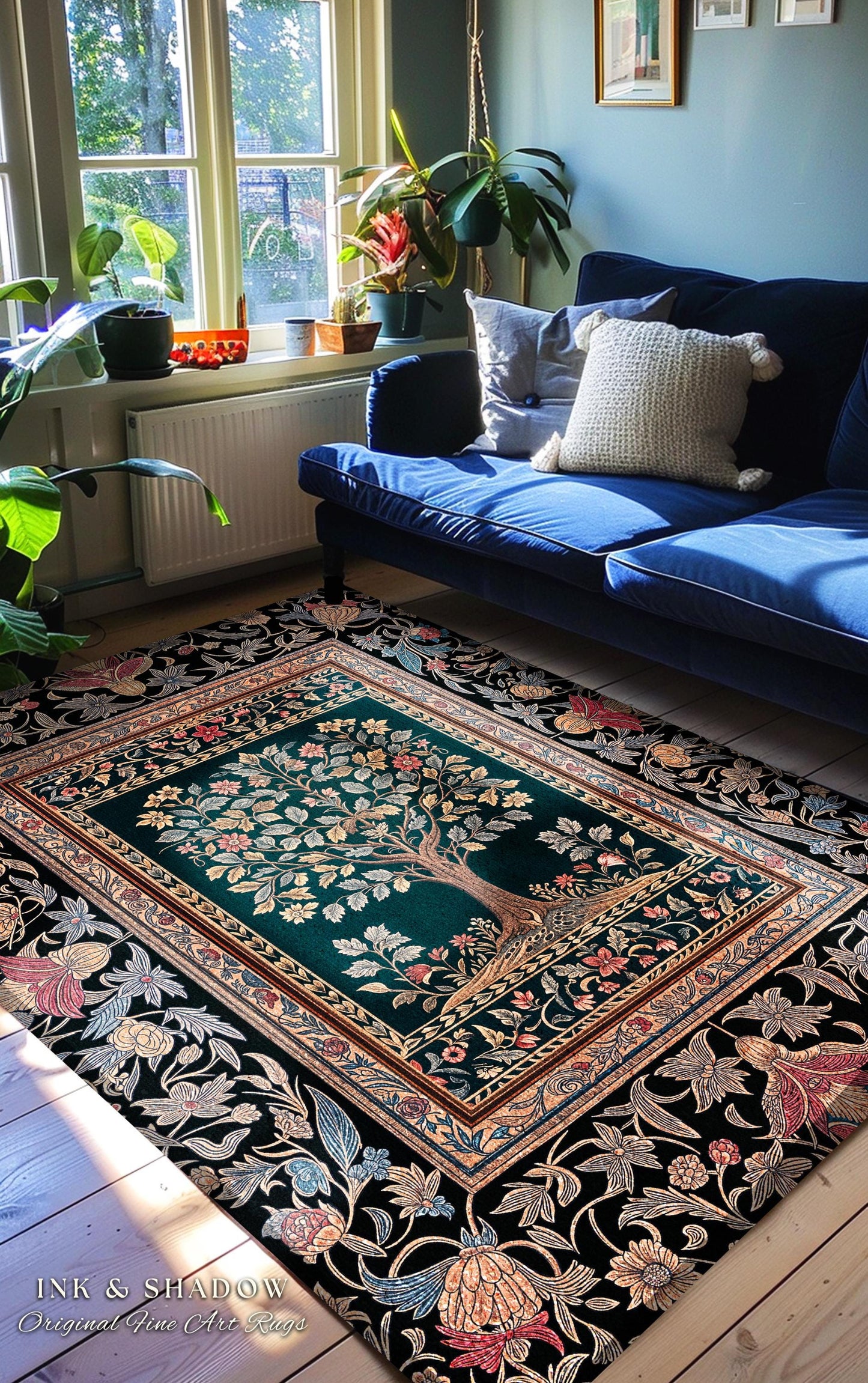 Victorian Folk Art Tree Area Rug | Floral Morris Inspired Accent Rug Red Roses Ornate Rococo Classical Medieval Garden Design Maximalist |