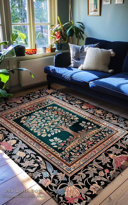 Victorian Folk Art Tree Area Rug | Floral Morris Inspired Accent Rug Red Roses Ornate Rococo Classical Medieval Garden Design Maximalist |