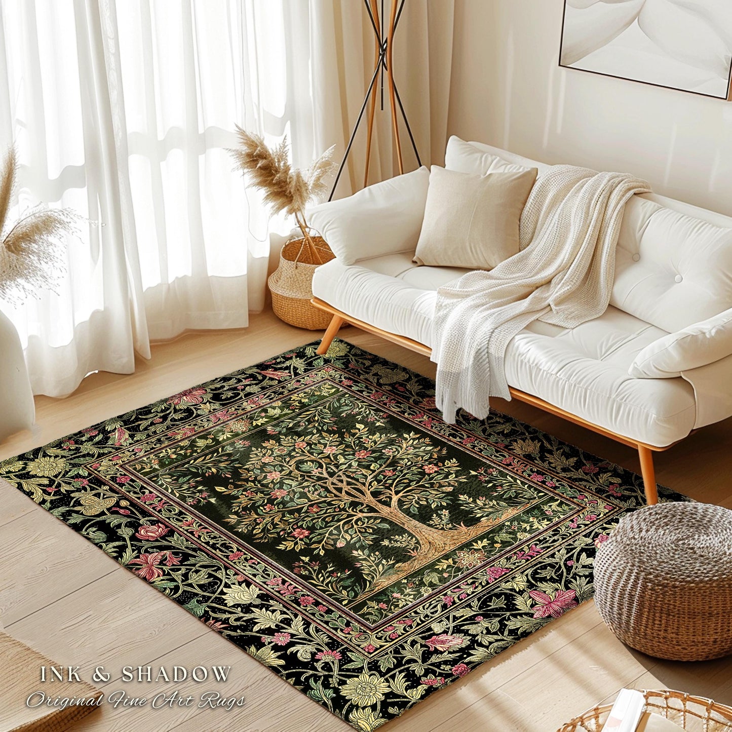 Art Nouveau Maximalist Tree Rug | Ornate Botanical Accent Rug Tree of Life Motif Medieval Floral Pattern Romantic Style Morris Inspired |