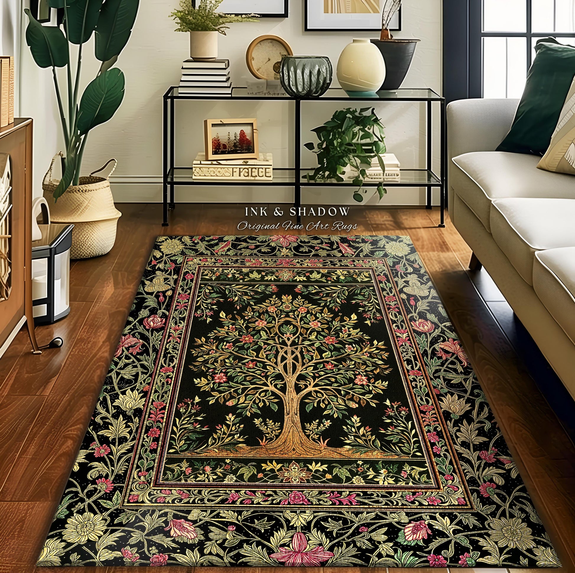 Art Nouveau Maximalist Tree Rug | Ornate Botanical Accent Rug Tree of Life Motif Medieval Floral Pattern Romantic Style Morris Inspired |