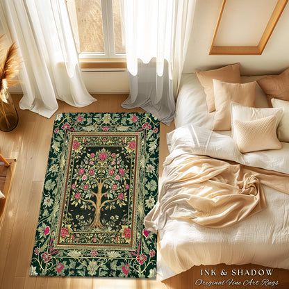Rosy Botanical Rustic Tree Rug | Woodland Cottagecore Folklore Aesthetic Romantic Decor Vintage Fairycore Bedroom Accent Soft Aesthetic |