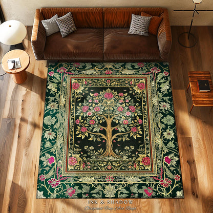 Rosy Botanical Rustic Tree Rug | Woodland Cottagecore Folklore Aesthetic Romantic Decor Vintage Fairycore Bedroom Accent Soft Aesthetic |
