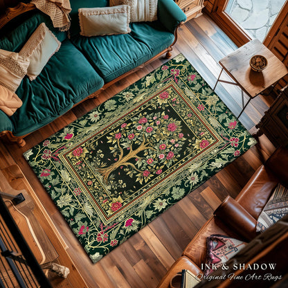 Rosy Botanical Rustic Tree Rug | Woodland Cottagecore Folklore Aesthetic Romantic Decor Vintage Fairycore Bedroom Accent Soft Aesthetic |