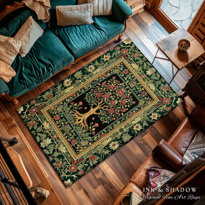 Floral Victorian Garden Tree Rug | Baroque Floral Design Folk Art Inspired Medieval Botanical Decor Romantic Rococo Cottagecore Accent Rug |