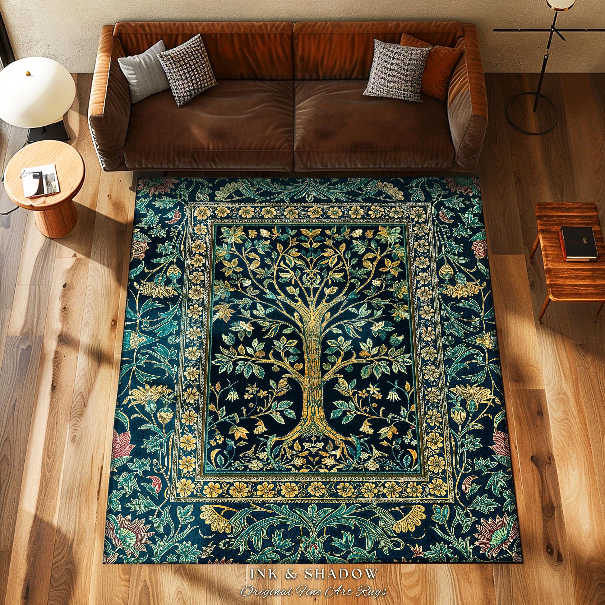 Elegant Cool Toned Tree Area Rug | Enchanted Bohemian Decor Ornate Botanical Accent Romantic Maximalist Gothic Style Living Room Carpet |