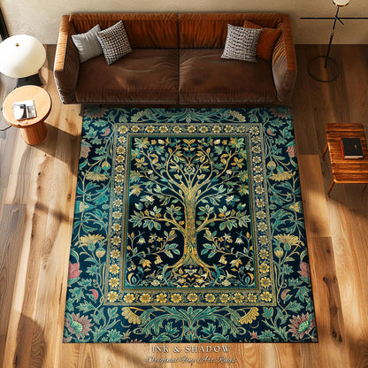 Elegant Cool Toned Tree Area Rug | Enchanted Bohemian Decor Ornate Botanical Accent Romantic Maximalist Gothic Style Living Room Carpet |