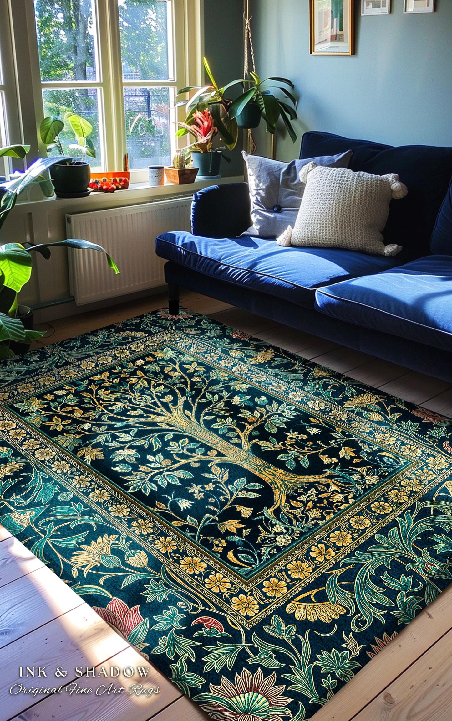 Elegant Cool Toned Tree Area Rug | Enchanted Bohemian Decor Ornate Botanical Accent Romantic Maximalist Gothic Style Living Room Carpet |