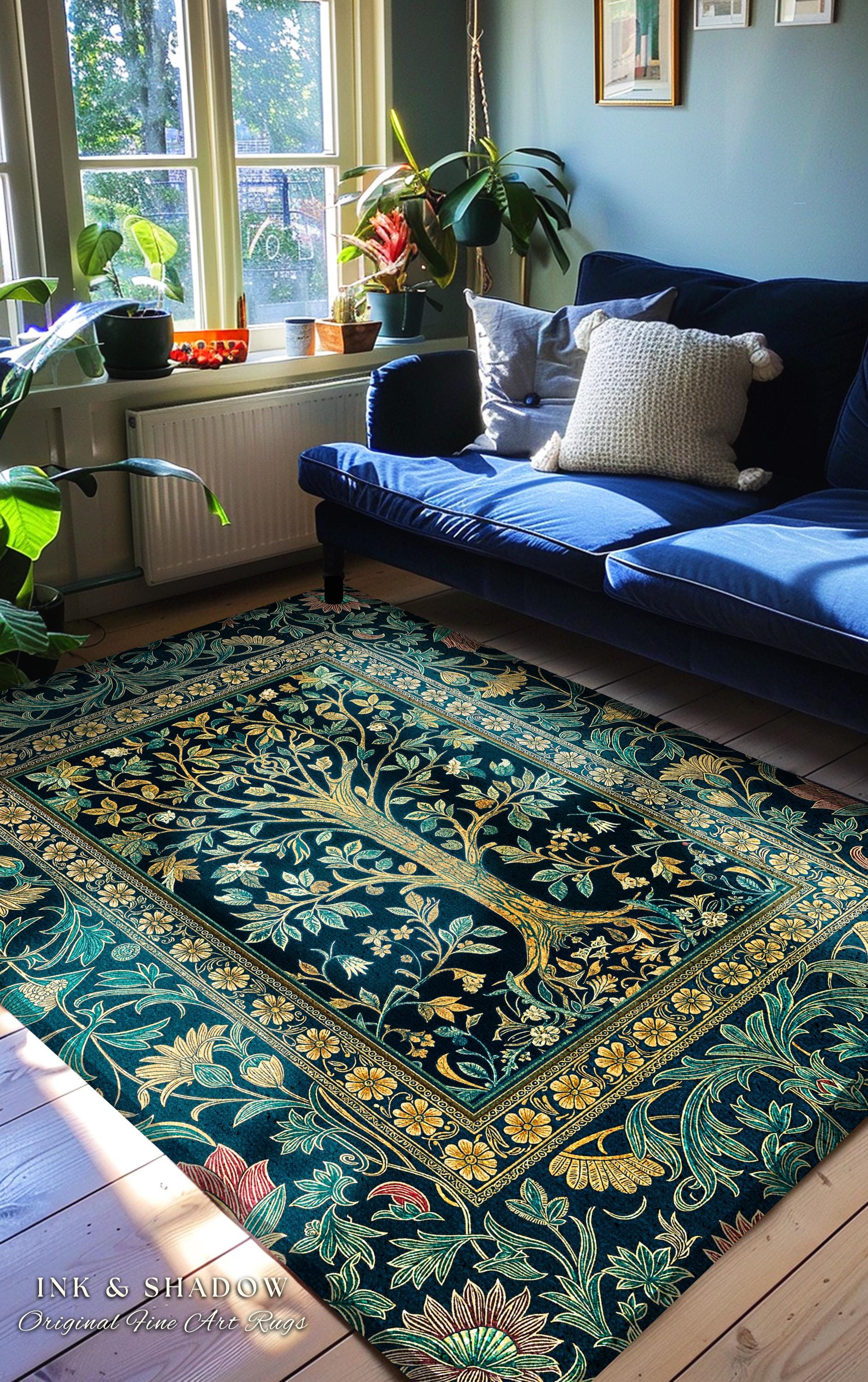 Elegant Cool Toned Tree Area Rug | Enchanted Bohemian Decor Ornate Botanical Accent Romantic Maximalist Gothic Style Living Room Carpet |