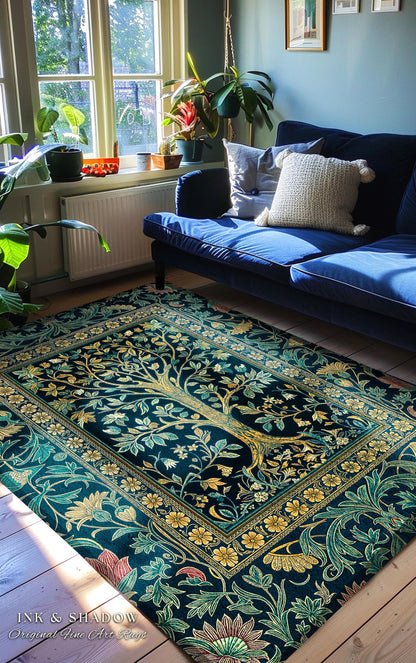 Elegant Cool Toned Tree Area Rug | Enchanted Bohemian Decor Ornate Botanical Accent Romantic Maximalist Gothic Style Living Room Carpet |
