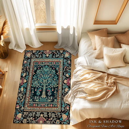 Mystic Ornamental Morris Inspired Tree Rug | Cool Tones Botanical Design Fairytale Floral Art Romantic Aesthetic Rococo Cottagecore Accent