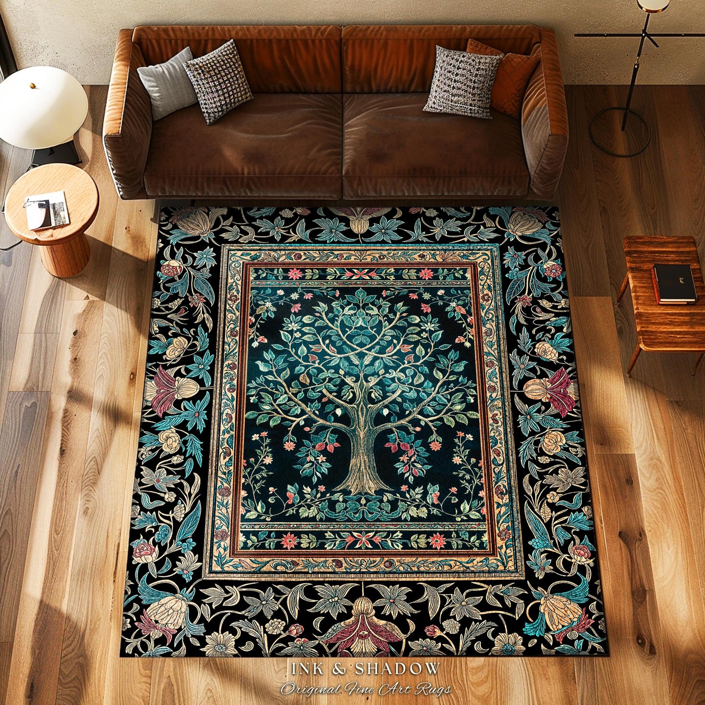 Mystic Ornamental Morris Inspired Tree Rug | Cool Tones Botanical Design Fairytale Floral Art Romantic Aesthetic Rococo Cottagecore Accent