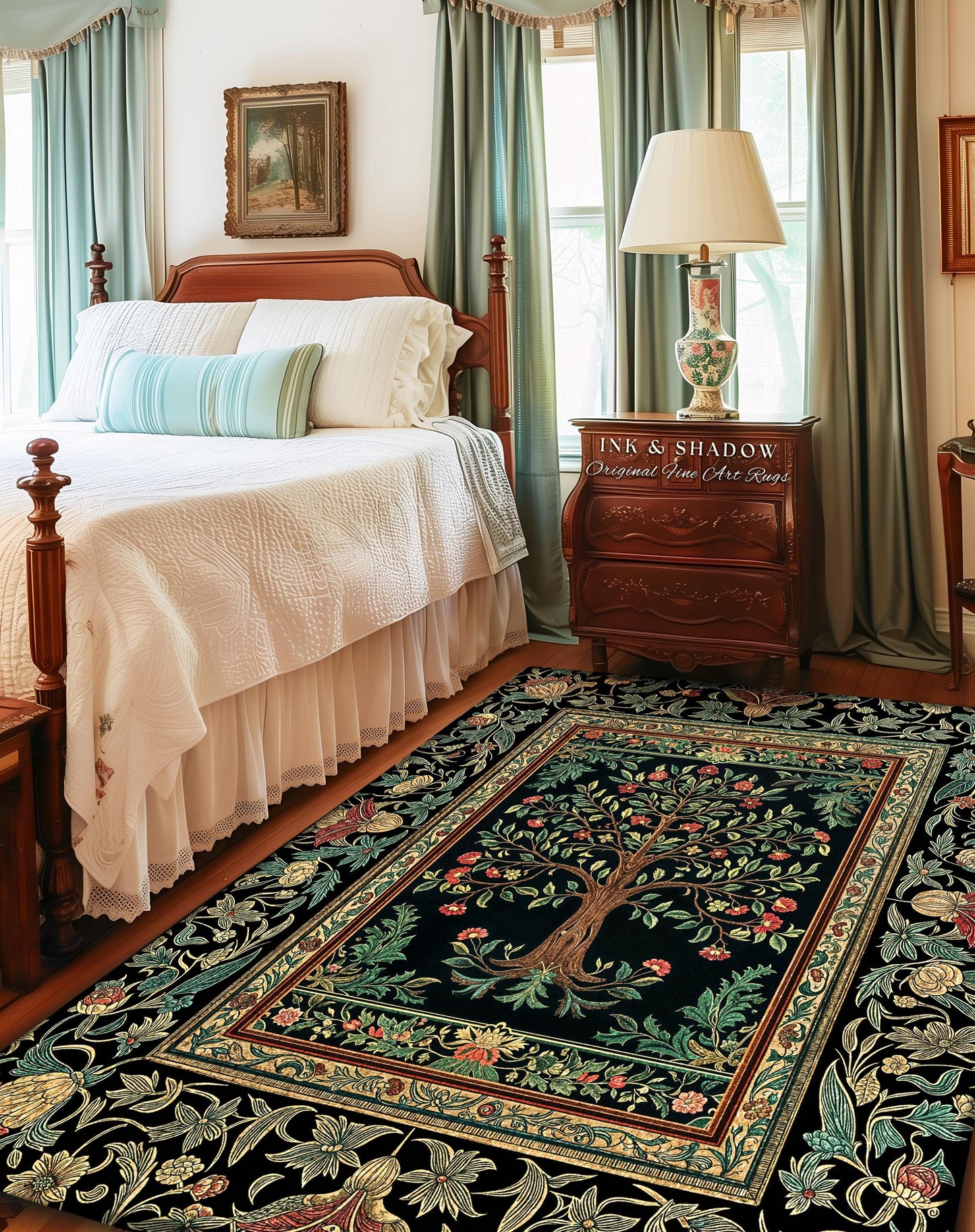 Medieval Folk Art Dark Floral Rug | Ornate Tree of Life Morris Style Fairytale Folklore Cottagecore Botanical Bedroom Decor Jewel Tones |