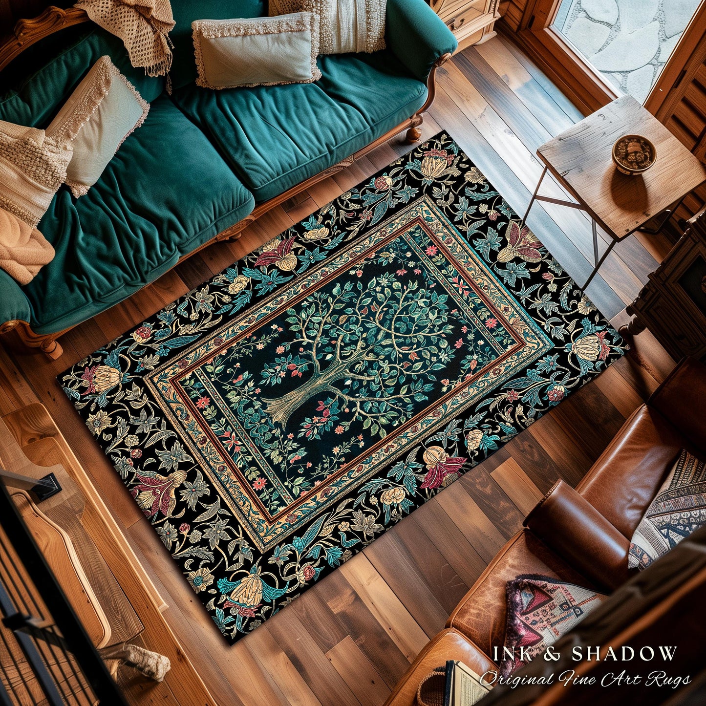Mystic Ornamental Morris Inspired Tree Rug | Cool Tones Botanical Design Fairytale Floral Art Romantic Aesthetic Rococo Cottagecore Accent