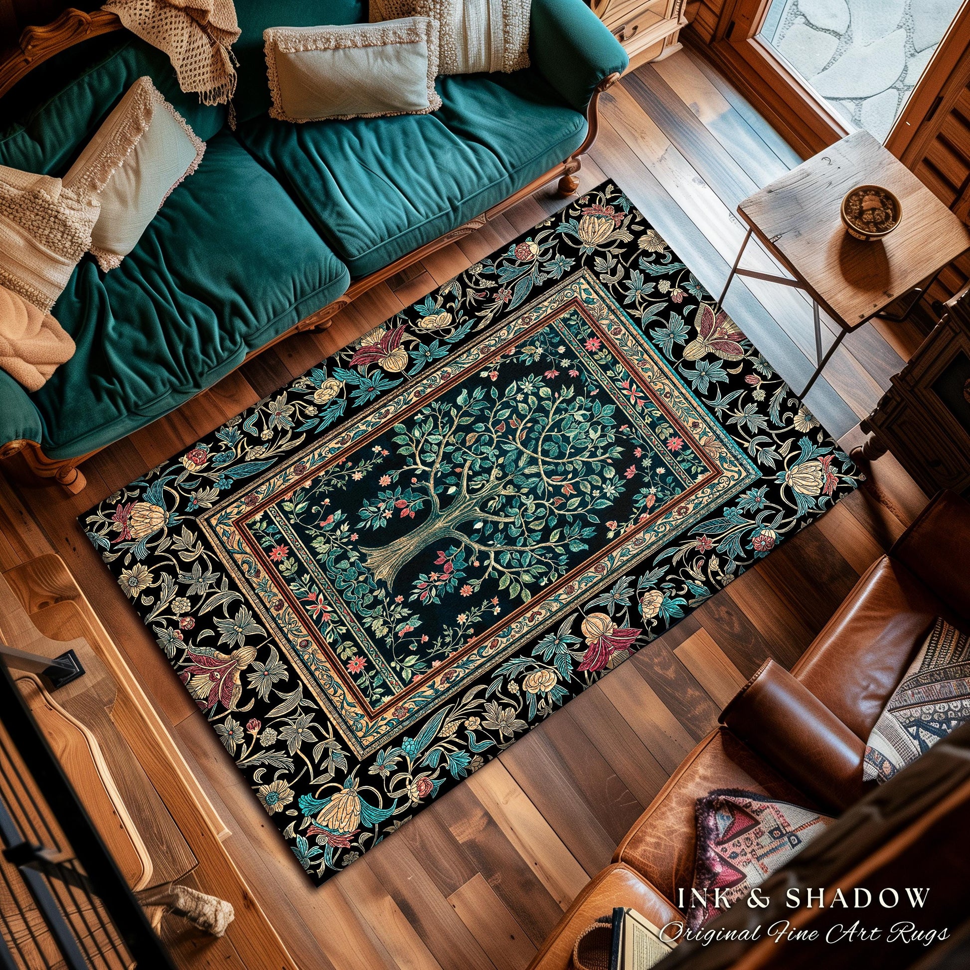 Mystic Ornamental Morris Inspired Tree Rug | Cool Tones Botanical Design Fairytale Floral Art Romantic Aesthetic Rococo Cottagecore Accent