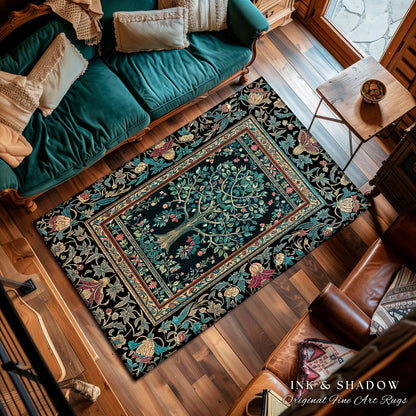 Mystic Ornamental Morris Inspired Tree Rug | Cool Tones Botanical Design Fairytale Floral Art Romantic Aesthetic Rococo Cottagecore Accent
