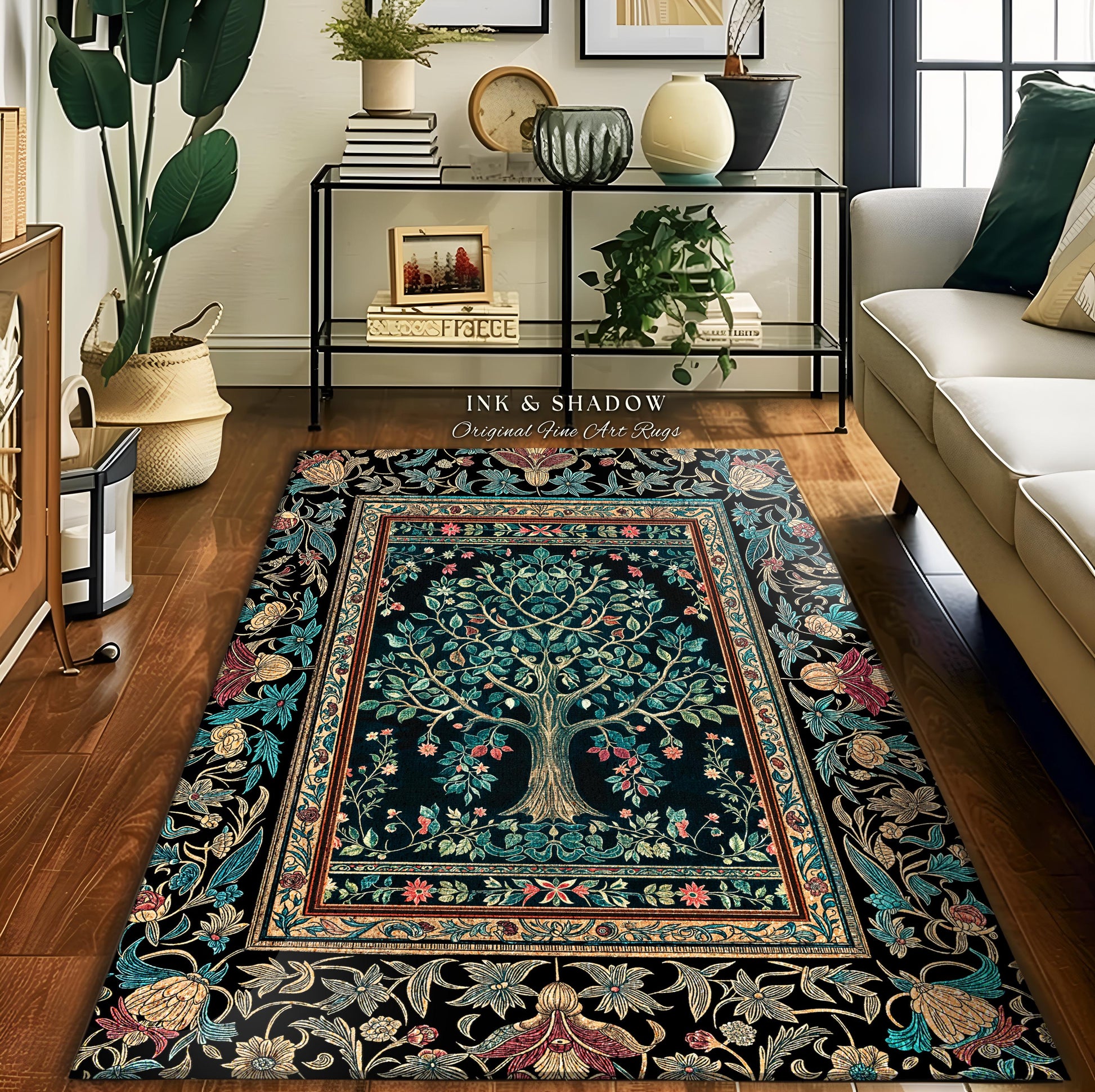 Mystic Ornamental Morris Inspired Tree Rug | Cool Tones Botanical Design Fairytale Floral Art Romantic Aesthetic Rococo Cottagecore Accent