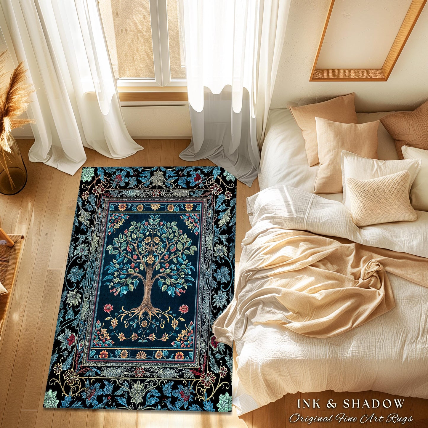 Moody Gothic Blues Tree of Life Rug | Mystical Garden Theme Vintage Floral Decor Romantic Folk Art Forestcore Maximalist Style Bedroom |
