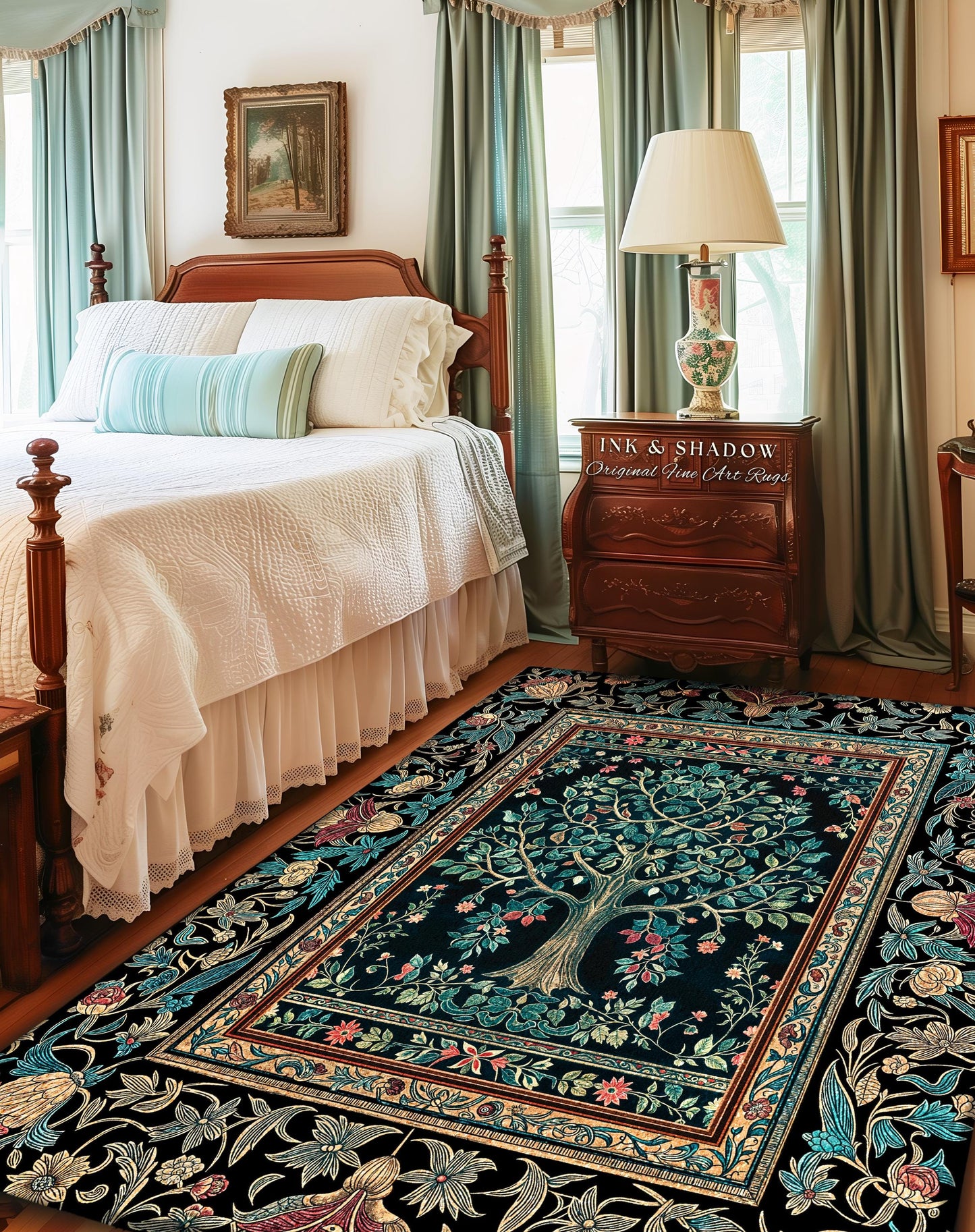 Mystic Ornamental Morris Inspired Tree Rug | Cool Tones Botanical Design Fairytale Floral Art Romantic Aesthetic Rococo Cottagecore Accent